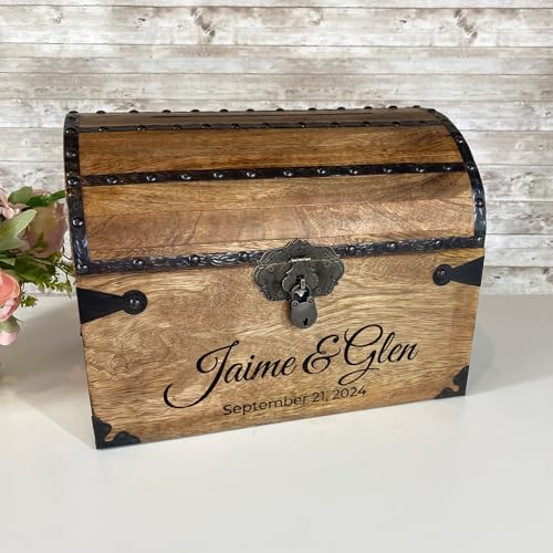 Personalized Treasure Chest with Card Slot, Antique Lock & Skeleton Keys (Large 13x10x10) – Pirate Decor, Wooden Keepsake Box, Decorative Wooden Box for Weddings & Anniversaries - size: Large 13x10x10