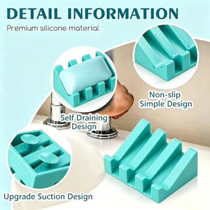 Silicone Soap Dish Self Draining with Suction Cups (Fresh Green,1 Pack) | Waterfall drainage design drains fast to keep soap dry silicone soap saver with reusable suction cups for bathroom & kitchen - color: Xp-fresh Green, size: 1