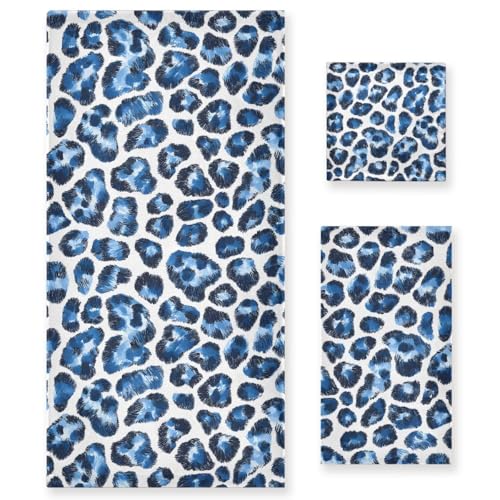 Bath Towel Sets for Bathroom Hand Towels Fingertip Towels Blue White Leopard Decorative Soft Cotton Absorbent 3 Piece