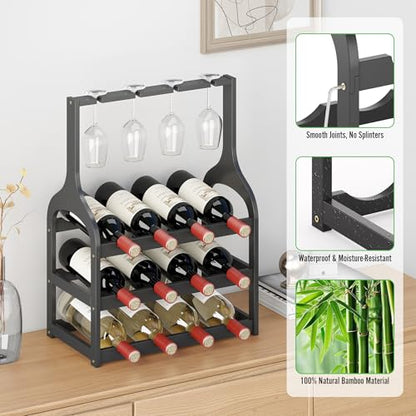 Bamboo Wine Rack Countertop, Small Free Standing Racks Tabletop Display | 12 Wine Bottles and 4 Glass Holder | Wooden Wine Storage Organizer Shelves for Kitchen Bar, Cellar, & Dining Room | Black - color: Black With Glass Holder