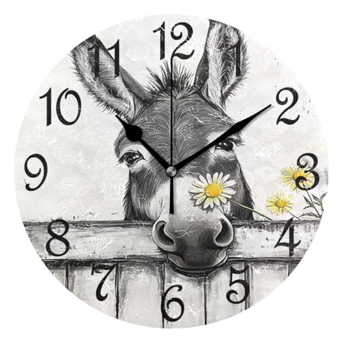 Black White Donkey Flowers Wooden Round Wall Clock Silent Non Ticking Bathroom Clocks 10 Inch Battery Operated Clock for Kitchen Living Room Bedroom Home Decor - color: A006