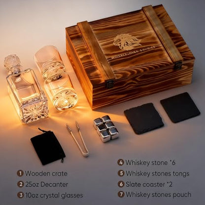 Lion Head 14-Piece Crystal Whiskey Decanter Set - 750ml Lead-Free Hand-Blown, 2 Glasses, 6 Stainless Stones, Coasters & Pine Gift Box - Engraving Ready for Him, Birthday Anniversary