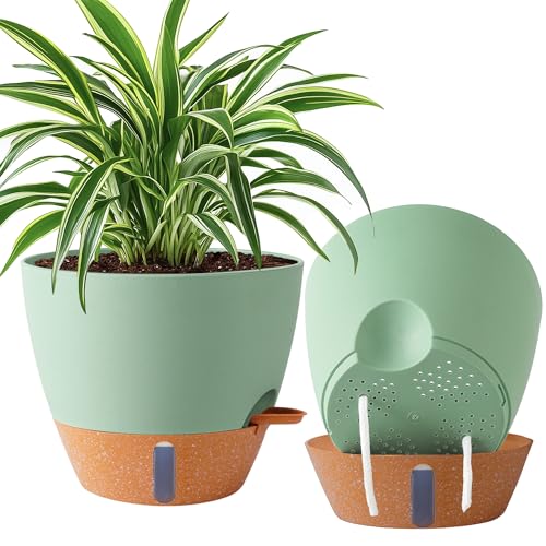 2 Pack 10 inch Plant Pots, Plastic Self Watering Planters | Drainage Holes, Deep Reservoir, Water Level Indicator, Modern Decorative Flower Pots for Indoor Outdoor Plants, Green - color: Green, size: 10 inches