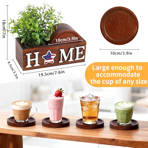 Wood Coasters Set of 4 for Drinks with Holder for Table Decor | Interchangeable Home Sign Green Plants Potted Wooden Coaster Set for Farmhouse Office Bar Drink Coffee Coasters Decor