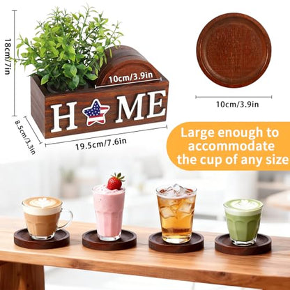Wood Coasters Set of 4 for Drinks with Holder for Table Decor | Interchangeable Home Sign Green Plants Potted Wooden Coaster Set for Farmhouse Office Bar Drink Coffee Coasters Decor
