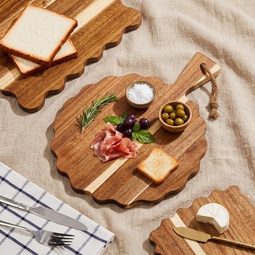 Novabright 3 Pcs Acacia Wood Scalloped Cutting and Chopping Board Decorative Cutting Boards for Kitchen Wooden Charcuterie Serving Tray for Cheese Meat Fruit Bread Baking(Handle Wavy) - style: Handle Wavy