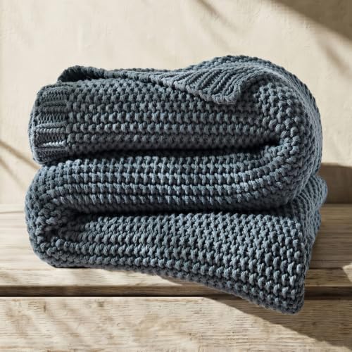 Organic Cotton Chunky Knit Throw Blanket, 50 x 60 Dusk Blue | OCS Certified Organic Cotton, Seed Stitch Knit, Soft & Breathable, Cozy Midweight, Decorative Throw for Couch, Bed & Sofa - color: Dusk Blue, size: Throw (50" x 60")