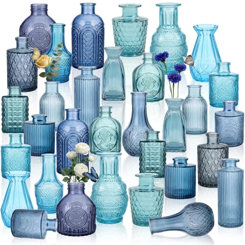 32 PCS Assorted Vintage Bud Vases, Colorful Glass Small Vases Bulk, for Centerpicecs, Wedding Table Decor, Home Decorations & Gifts (Blue Seiris) - color: Diffblue-2, size: 32PCS