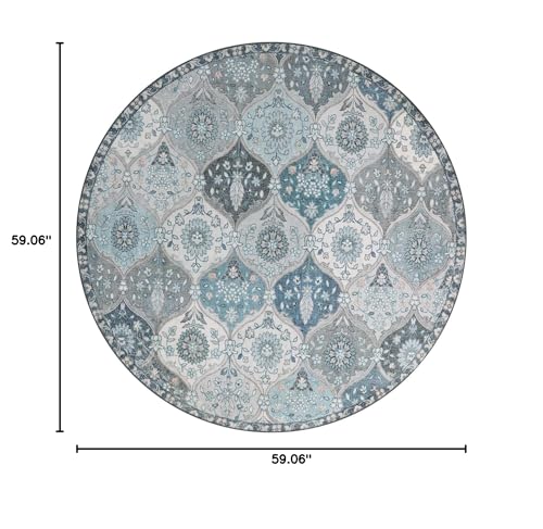 Lahome Moroccan Trellis Round Rug, 5ft, Blue, Faux Wool, Machine Wash, Non-Slip Backing, Low Pile, Floral Pattern, Area Rug for Bedroom, Living Room, Bathroom | Ultra-Thin Small Boho Circle Carpet for Entryway Kitchen Bedroom Nursery Bathroom Vionnet, Blu