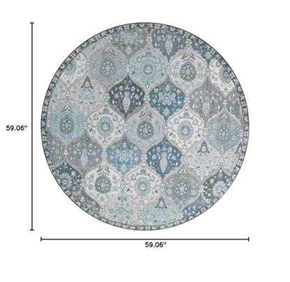 Lahome Moroccan Trellis Round Rug, 5ft, Blue, Faux Wool, Machine Wash, Non-Slip Backing, Low Pile, Floral Pattern, Area Rug for Bedroom, Living Room, Bathroom | Ultra-Thin Small Boho Circle Carpet for Entryway Kitchen Bedroom Nursery Bathroom Vionnet, Blu