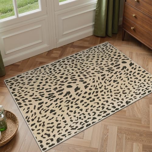 2x3 Small Rug Leopard Door Mat Indoor for Entryway Bathroom, Washable | Cheetah Animal Print, Non Slip, Kitchen Front Doormat Inside Entrance Hallway, Beige Brown, Water Repellent, Thin Low Pile - color: Leopard / Beige and Brown, size: 2' x 3' (Rectangul
