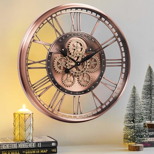 28" Moving Gear Wall Clock for Living Room, Copper Roman Numeral | SIilent Non Ticking, Aluminum Dial, Unique Modern Wall Clocks for Living Room, Dinning Room, Entryway & Home Office - color: Roman Copper, size: 28"