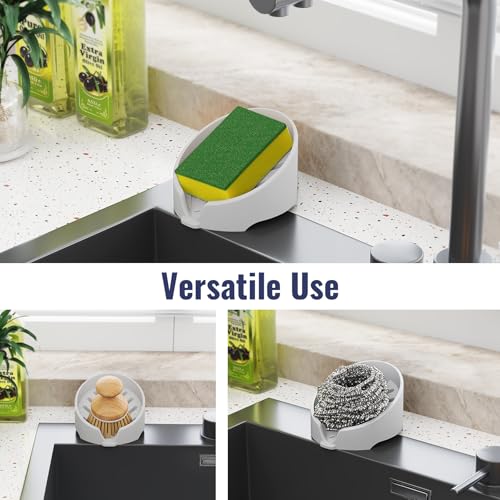 NiHome Silicone Sponge Holder for Kitchen Sink, Fits Scrub Daddy Mommy | Self-Draining Dispenser Organizer Tray, Sink Caddy Countertop Fits Soaps, Scrubber, Dishwasher Safe, Includes Brush - color: Light Gray