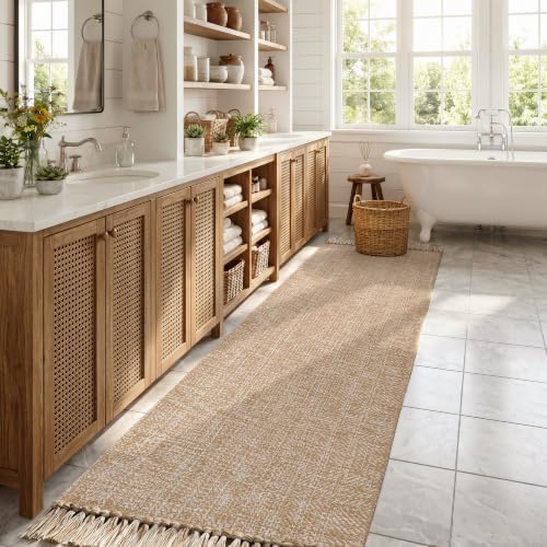 Long Hallway Runner Rug 2.6' x 10', Washable Runner Indoor Entryway Rug, Tan/Cream Braided Woven Kitchen Runner Rugs Low-Profile Front Door Floor Carpet for Laundry Room Bedroom Doorway | Tan/Cream Braided Woven Kitchen Runner Rugs, Low-Profile Front Door