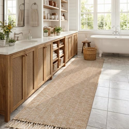 Long Hallway Runner Rug 2.6' x 10', Washable Runner Indoor Entryway Rug, Tan/Cream Braided Woven Kitchen Runner Rugs Low-Profile Front Door Floor Carpet for Laundry Room Bedroom Doorway | Tan/Cream Braided Woven Kitchen Runner Rugs, Low-Profile Front Door