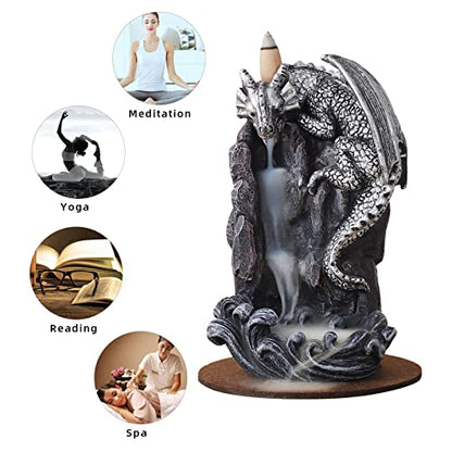 Dragon Backflow Incense Holder Waterfall Incense Burner, with 100 Backflow Incense Cones,1 Mat,1 Tweezers，Aromatherapy Ornamental for Home Office Yoga （Silver Dragon） - color: Silver