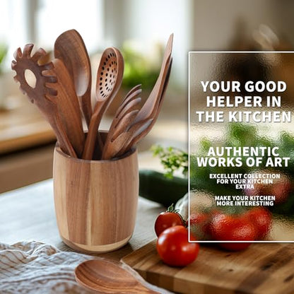9 PCS Kitchen Utensils Set - Wooden Spoons for Cooking, Natural Teak Wooden Utensils - Includes Wooden Spoons, Spatula Set, Slotted Spoon - Handmade Wooden Spoon Set | Heat Resistant, Non-Scratch, Safe for Nonstick Pan, Easy to Clean, Daily Cooking Use,Sm