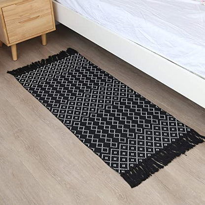 Moroccan Accent Hand Woven Bathroom Rug,Area Rug for Bedroom,Cotton Woven Boho Throw Rug ,Tribal Decorative Throw Rugs for Laundry Hallway Kitchen Sink(2inchx4.2inch,Black&white Rhombus)