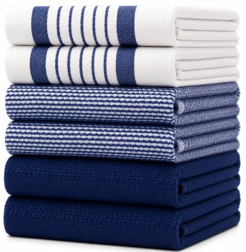Premium Kitchen Towels 6 Pack 100% Cotton 20"x28" Dish Towels Navy Striped | Large Flat & Terry Kitchen Linen Set with Hanging Loops, Highly Absorbent for Washing and Drying Dishes - color: Navy Blue Striped, size: Kitchen Towels - Mixed Styles