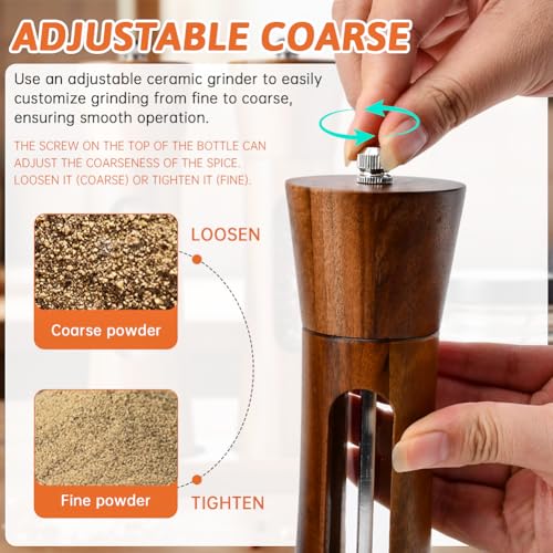 2Pack Wooden Salt and Pepper Grinder Set, 8-Inch Refillable Manual Salt and Pepper Mills with Clear View Window, Wood Shakers with Ceramic Grinder & Wooden Stand, Adjustable Coarseness