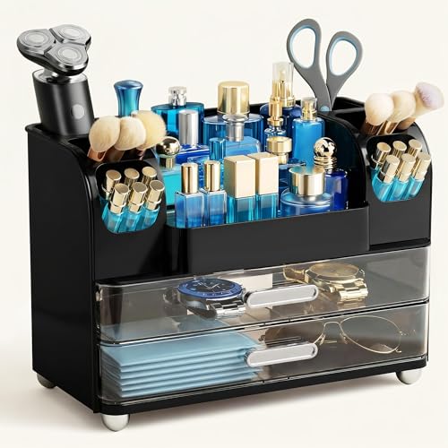 HBlife Makeup Organizer for Vanity with Brush Holder, Cologne Organizer for Men, Large Bathroom Countertop Cosmetic Organizer Skin Care Storage, Easy to Store Lipsticks, Nail Polishes, Perfumes, Black - color: Black