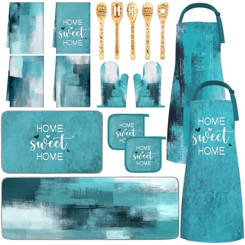 Bencailor 17 Pcs Teal Kitchen Decor and Accessories Teal Turquoise Kitchen Rug and Mat Oven Mitts and Pot Holders Apron Dish Towels Cute Wooden Spoons for Holiday Decoration Home Housewarming Gifts - color: Turquoise