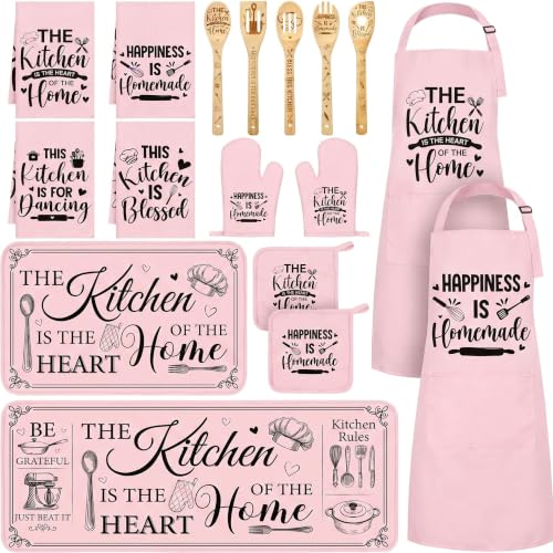 Bencailor 17 Pcs Pink Kitchen Sets Washable and Non-Slip Kitchen Rug and Mat Pink Mitts and Pot Holders Pastel Theme Apron Dish Towels Wooden Spoons for Home Decoration Housewarming Gifts - color: Pink Kitchen