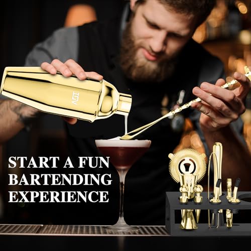 IOV Mixology Bartender Kit With Stand | 12-Piece Cocktail Shaker Set | 24oz Martini Shaker Set For Drink Mixing | Bar Set Includes All Bar Tools And Recipe Booklet | Fun Housewarming Gift (Gold) - color: 12 Pcs - Gold