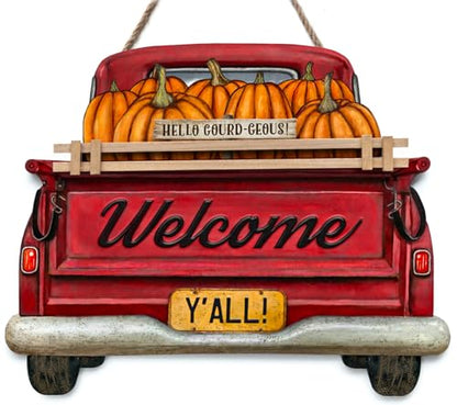 Interchangeable Welcome Sign for Front Door Red Farmhouse Truck Decor Hanging Sign with 11 Interchangeable Seasonal and Holiday Decor Signs 12x14 in. (Country Rustic) - style: Country Rustic