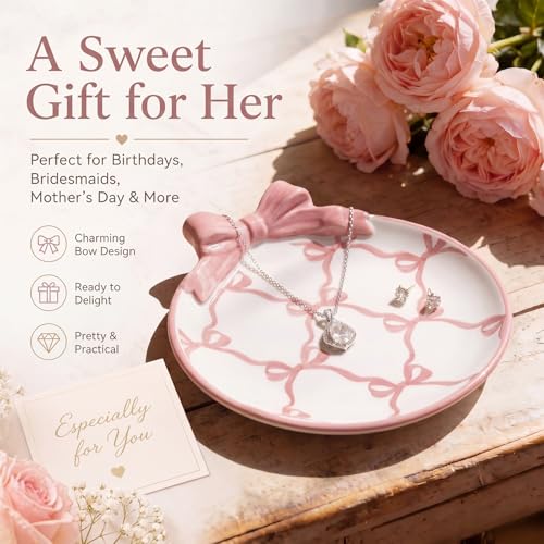 Pink Bow Ceramic Jewelry Tray Coquette Ring Holder Trinket Dish for Rings Earrings Necklaces Cute Bow Decorative Organizer Tray for Dresser Vanity Gift for Women