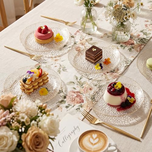 Rubtlamp 200pcs Gold Glitter Plastic Dessert Plates, Hammered 6 Inch Small Plates, Heavy Duty Appetizer Plate with 100 Gold Small Forks, Fancy Cake Snack Plate for Birthday Wedding Teatime - color: Gold glitter