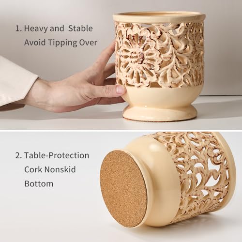 Farmhouse Kitchen Utensil Holder for Countertop, Ceramic Large Cooking Utensil Crock with Cork Mat, Decorative Rustic Utensil Holder for Kitchen Counter, Hollow Carving Flower, Beige | 6.9" Large Cooking Utensil Crock for Countertop, Decorative Rustic Ute