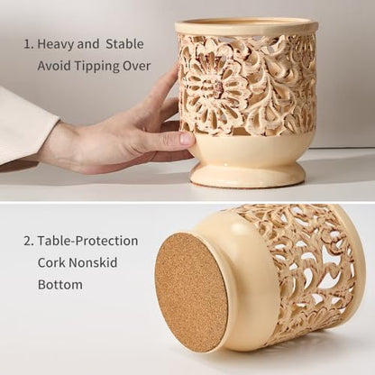 Farmhouse Kitchen Utensil Holder for Countertop, Ceramic Large Cooking Utensil Crock with Cork Mat, Decorative Rustic Utensil Holder for Kitchen Counter, Hollow Carving Flower, Beige | 6.9" Large Cooking Utensil Crock for Countertop, Decorative Rustic Ute