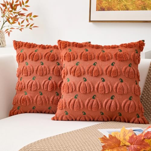 Kevin Textile Fall Pumpkins Pillow Covers 18x18 Inch Set of 2 Autumn Embroidery Decorative Square Pillowcases Soft Faux Fur Cushions Harvest Gift for Couch Sofa Chair Bedroom Halloween, Rust - color: Rust Pumpkin, size: 18" x 18" (Pack of 2)
