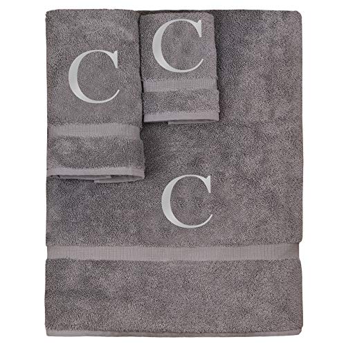 Monogrammed Towel Set, Personalized Gift, Set of 3- Silver Block Letter Embroidered Towel - Extra Absorbent 100% Turkish Cotton - Soft Terry Finish - Initial C Gray - color: Gray & Silver, size: Initial - C