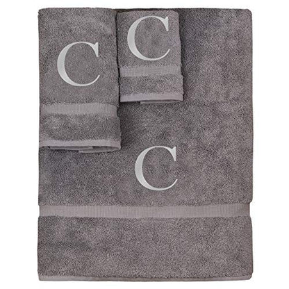Monogrammed Towel Set, Personalized Gift, Set of 3- Silver Block Letter Embroidered Towel - Extra Absorbent 100% Turkish Cotton - Soft Terry Finish - Initial C Gray - color: Gray & Silver, size: Initial - C