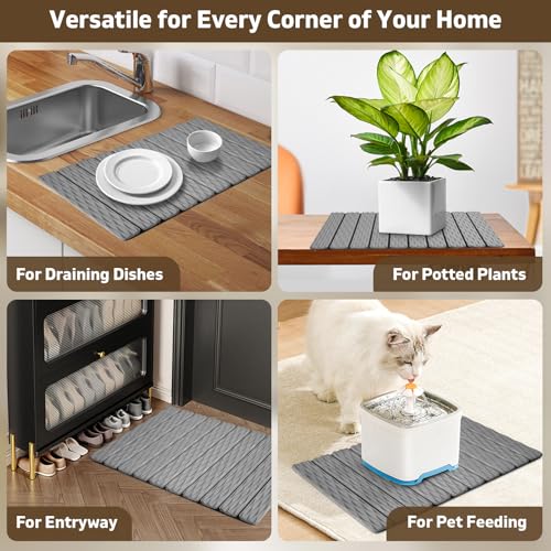 Foldable Stone Bath Mat, 2 Pcs Fast Drying Diatomaceous Earth Stone Drying Mat with Grooves on Surface, Non-Slip Rubber Base, Easy to Store and Clean (Grey, 24"x 16" & 8"x 4") - color: Gray（groove）, size: 24" x 16"