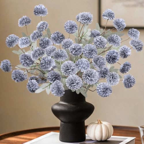 INQCMY Artificial Silk Mums 20" Faux Stem Kiku Flowers for Vase Home Decor | 12 Pcs Fake Chrysanthemums Fall Flower, Realistic Pompon Balls for Indoor Living Room Thanksgiving Table Centerpieces - color: Haze Blue