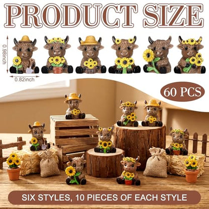 Yaomiao 60 Pcs Mini Highland Cow Figurines Resin Sunflower Highland Cow Figurines Cute Miniature Resin Gift Statue Decorations for Office Garden Desk Tabletop Festive Party Home Kitchen Tiered Tray - style: Sunflower