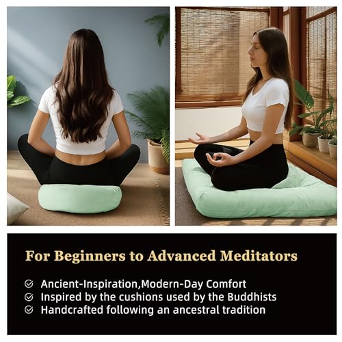 Meditation Cushion Set Zafu & Zabuton – Buckwheat Hull & Memory Foam, Adjustable Floor Pillow for Yoga, Meditation & Sitting, Removable Velvet Cover (Sage Green) - color: Sage Green