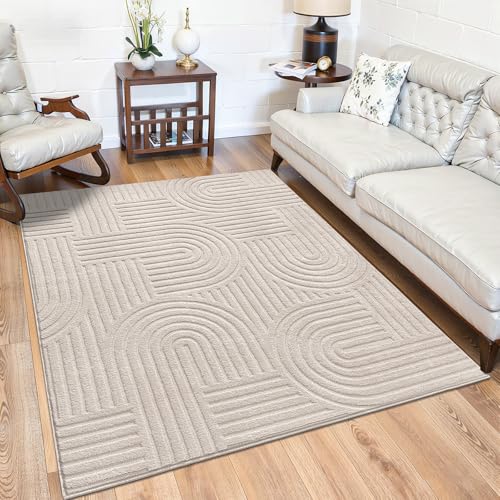 SHACOS Soft Cozy Fluffy Arch Pattern High Low Pile Area Rugs 4'x6' Non Slip Washable Scandinavian Minimalist Rug Modern Geometric Arc Carpet for Living Room Bedroom Dining Room, Beige - color: Beige, size: 4'x6'