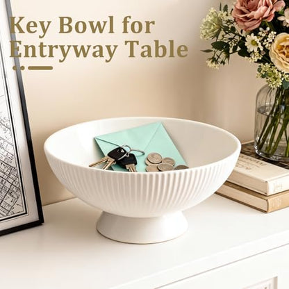 Gutedeal Small Decorative Bowl 8 Inch Multi-Use White Ceramic Fruit & Key Bowl for Kitchen, Entryway, Centerpiece Modern Handcrafted Home Decor Pedestal Bowl & Wedding Gift - size: 8 Inch