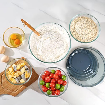 Glass Mixing Bowls with Lids Set of 5(4.78QT,2.2QT,1.7QT,1.1QT,0.85QT),Thick Glass Nesting Bowls for Kitchen Baking,Cooking Prep,Storage,Serving,Large Salad Bowls,Dishwasher Microwave Freezer Safe