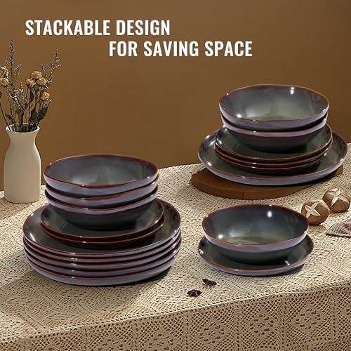 Herogo Stoneware Dinnerware Sets for 6, 24 Piece Ceramic Dinner Dishes Set, Irregular Handmade Plates and Bowls Dishware, Crack and Scratch Resistant, Reactive Glaze, Lichen Green - color: Lichen Green, size: 6 Set (24pcs)