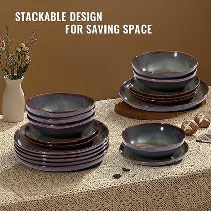 Herogo Stoneware Dinnerware Sets for 6, 24 Piece Ceramic Dinner Dishes Set, Irregular Handmade Plates and Bowls Dishware, Crack and Scratch Resistant, Reactive Glaze, Lichen Green - color: Lichen Green, size: 6 Set (24pcs)