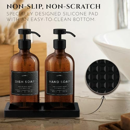 Glass Soap Dispenser Set of 2 (Amber) with Silicone Tray | Hand and Dish Soap Dispenser for Kitchen and Bathroom | 16.8 Oz Glass Bottles with Stainless Steel Pump & 15 Waterproof Labels (Amber/Black) - color: Amber/Black