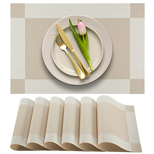 More Décor Dining Table Placemats, Washable Heat-Resistant PVC Vinyl Table Mats for Dining Room and Kitchen, Anti-Slip - Set of 6 - Ivory - color: Ivory