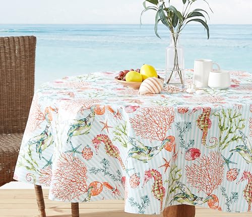 Newbridge Vinyl Round Tablecloth with Flannel Backing, 70 Inch, Neponsit Sea Life, Waterproof, Soil Resistant Dining Room, Party and Banquet Table Cover, Starfish, Seahorses and Coral, Blue - size: 70" (Round)