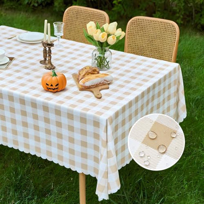 MANGATA CASA Tan Gingham Tablecloth Rectangle - Checkered Waterproof Tablecloths - Polyester Buffalo Plaid Wrinkle Free Table Cover(Light Brown 60x72in) - color: Light Brown, size: 72" x 60" (Rectangular)