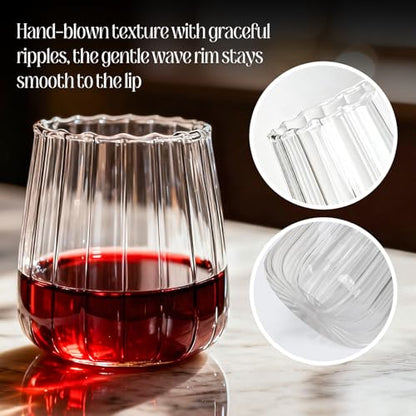 Hand Blown Stemless Wine Glasses Set of 4, 17 oz Borosilicate Glasses with Vertical Ribbed Interior, Lead-Free, Dishwasher Safe, for Red or White Wine and Cocktails
